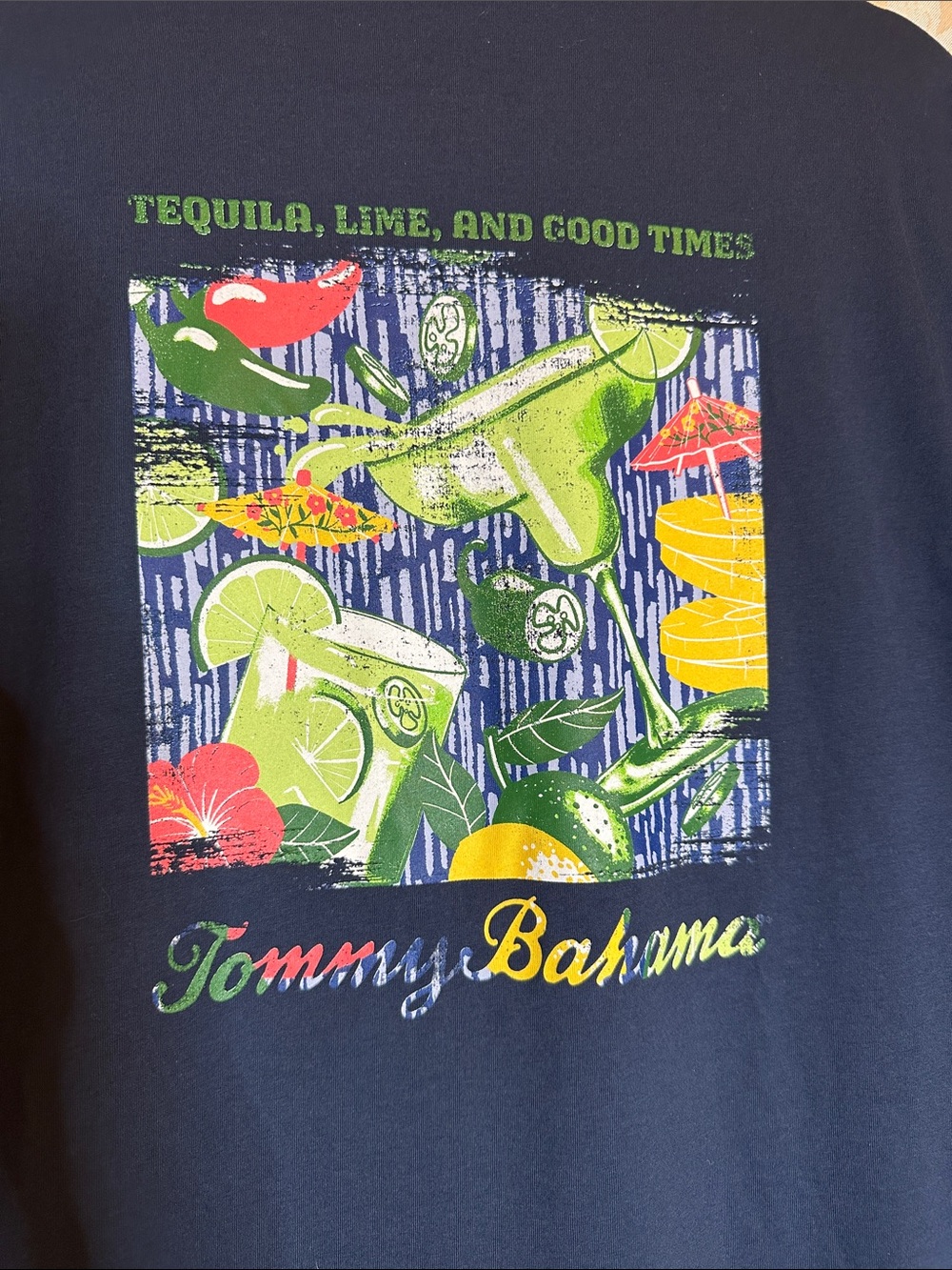 Tommy Bahama Navy Tee with Lime, Yellow & Red Graphic